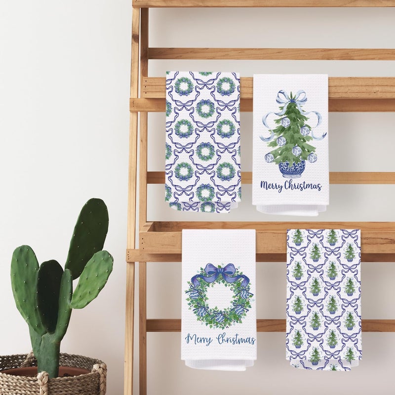 SPBL&L Chinoiserie Christmas Kitchen Towels,Set of 4 Blue Bow Coquette Christmas Tree Dish Towels for Kitchen Bathroom, Blue Christmas Hand Towels for Bathroom Kitchen, Grandmillennial Decor,16x24 Inches - Image 4